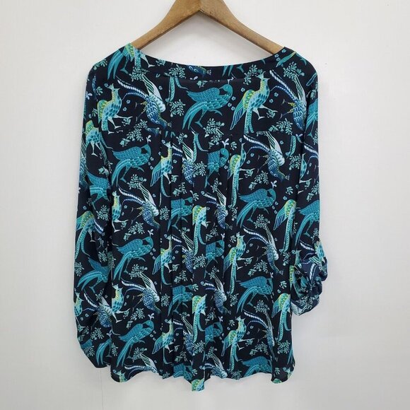 Ann Taylor LOFT Womens Peacock Tunic Top Size L Blue Roll Tab Sleeve Birds - Picture 4 of 13